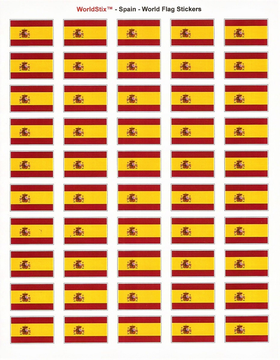 100 Spain Flag Stickers, Two Sheets of 50, 1.5" x 1" Made in America Self Adhesive Country Flag Scrapbook Stickers, Two Sheets of 50, 100 Sticker Decal Flags