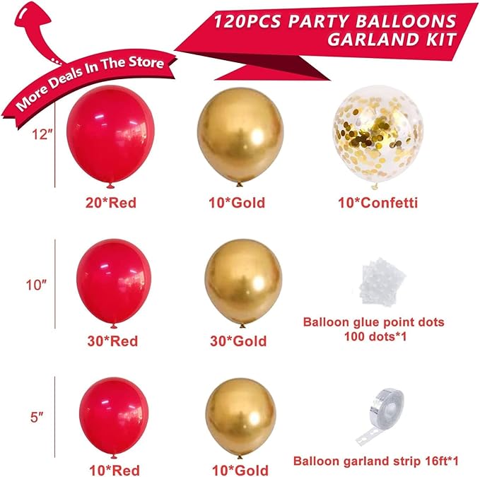 120pcs Red and Gold Balloon Garland Arch Kit – Metallic Gold, Ruby Red & Gold Confetti Balloons – Premium 12/10/5 Inch Balloon Set for Valentine’s Day, Wedding, Birthday, Anniversary & Engagement Party