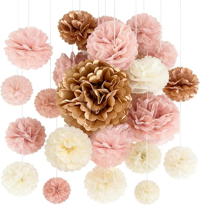 18 Packs Birthday Party Decorations Set- Blush Pink Tissue Paper Pom Poms Flower Wall Decorations for Women Girls Happy Birthday , Baby Shower, Bridal Shower, Wedding , Party Decoration (Blush Pink)