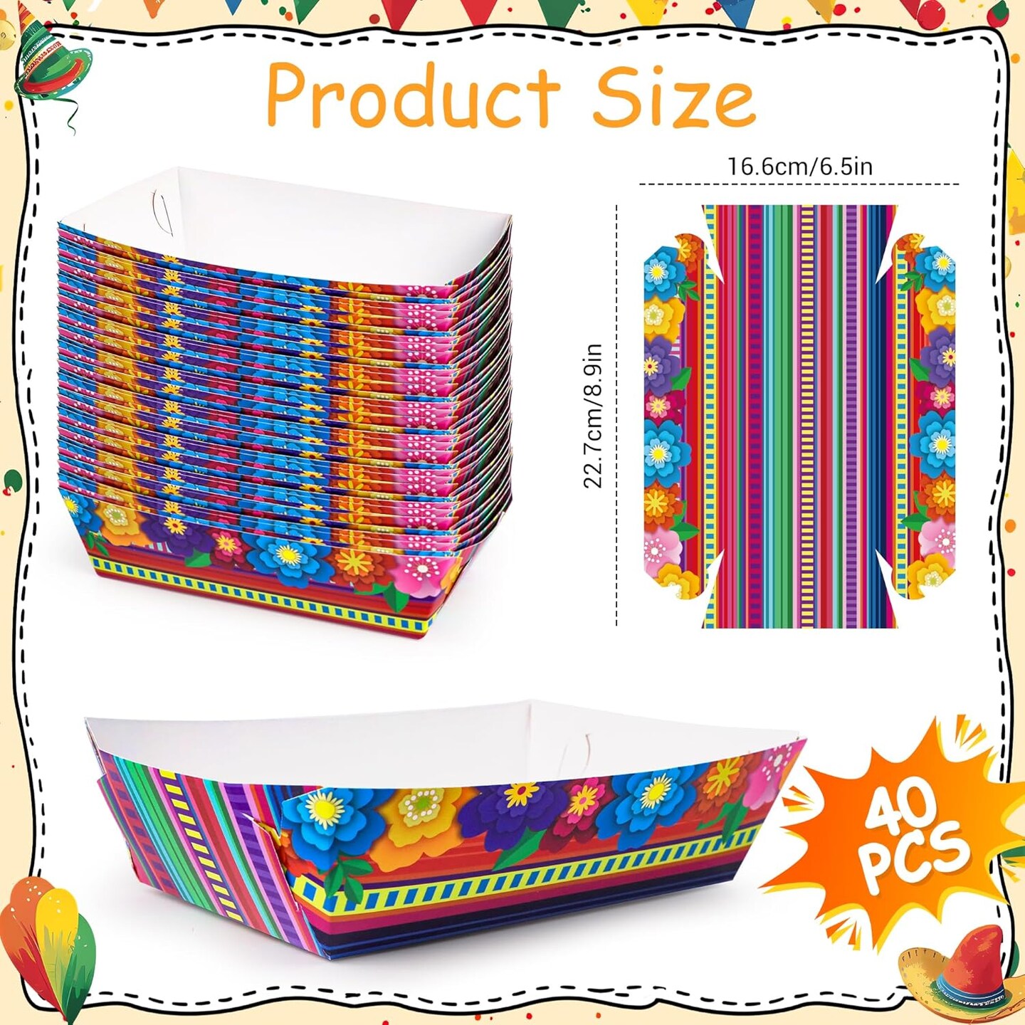40 Pcs Mexican Nacho Trays – Disposable Taco Paper Plates – Fiesta Party Food Containers for Snacks, Candy, Hot Dogs & Cinco de Mayo Celebrations – Mexican Theme Birthday & Party Supplies – Perfect for Mother's Day Card Making Displays