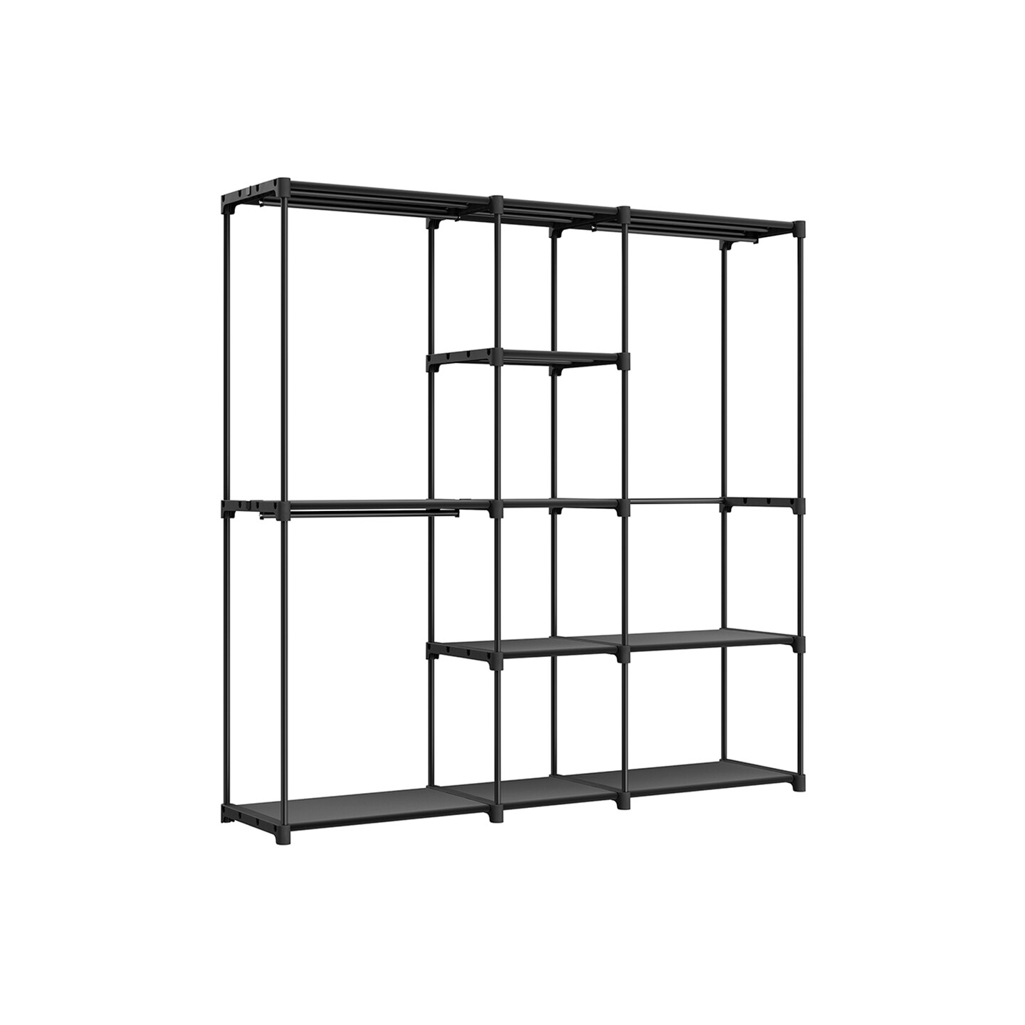 Black Metal Tubes & Plastic Connectors Fabric Shelves Portable Closet Wardrobe Rack, 3 Hanging Sections, Adjustable Shelving Design, Heavy-Duty Storage Organizer