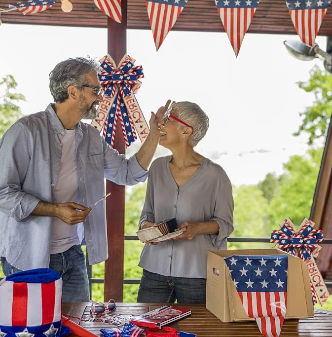 Patriotic Wired Edge Ribbon 2.5" x 10 Yards – Red, White & Blue Star Linen Burlap Ribbon for 4th of July, Memorial Day, Veterans Day Decorations, Wreaths, Bows, Gift Wrapping & DIY Crafts