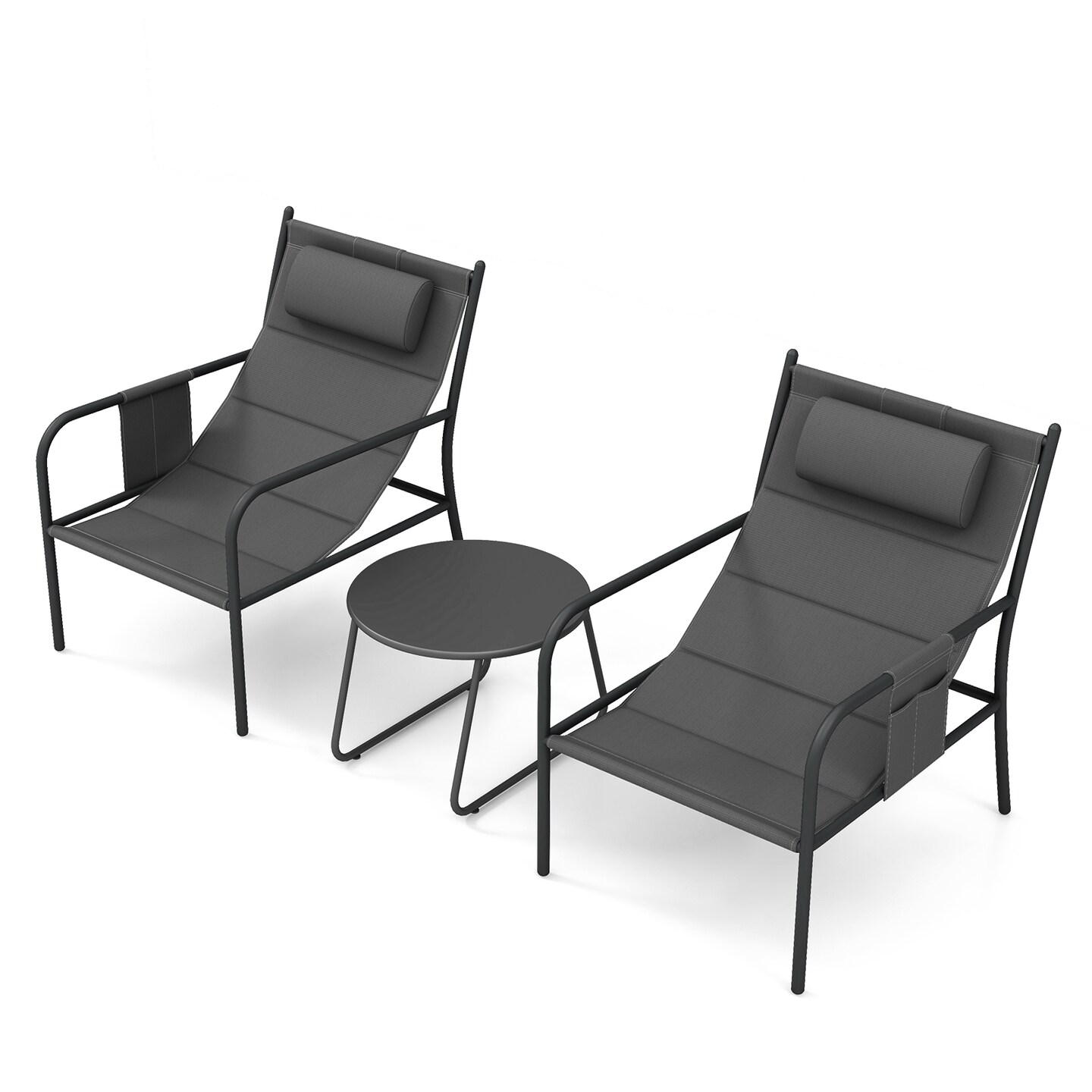Grey Outdoor 3-Piece Bistro Set Sling Seat Chairs with Coffee Table Patio Furniture Set