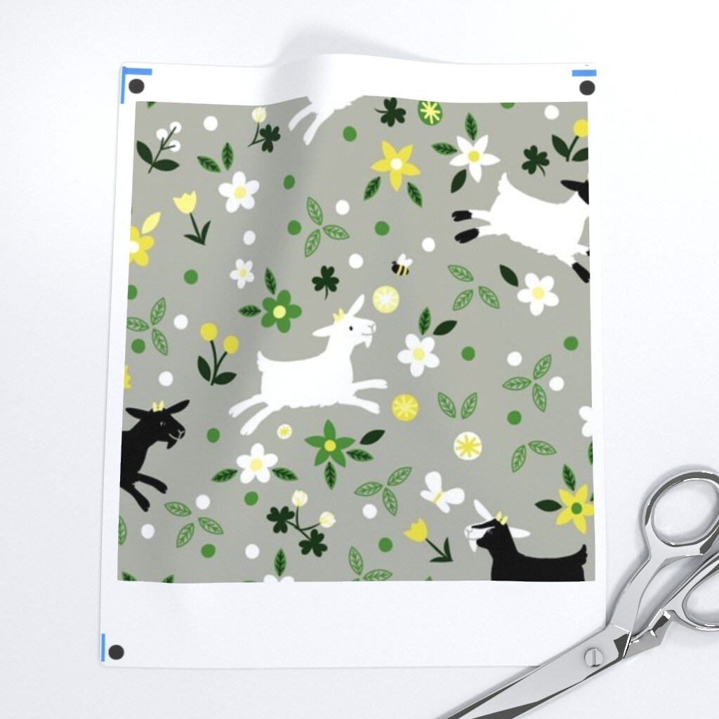 Goat, Frolic, Farm, Yellow, Green, Gray, Country, Animal, Nursery, Floral, Horns, Herd, Grazing, Chevre, Gender Neutral, Kids, Custom Printed Fabric by Spoonflower Various Fabrics by the Yard or Fat Quarter