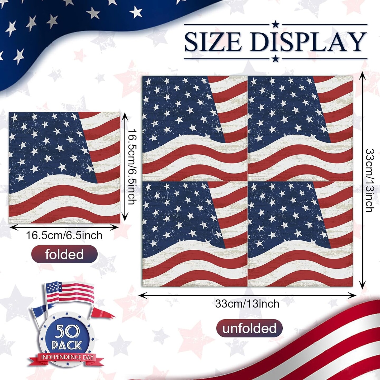 50PCS American Flag Patriotic Napkins – 3-Ply Disposable Red, White & Blue Cocktail and Luncheon Napkins for 4th of July, Independence Day, Memorial Day, and Veterans Day Parties