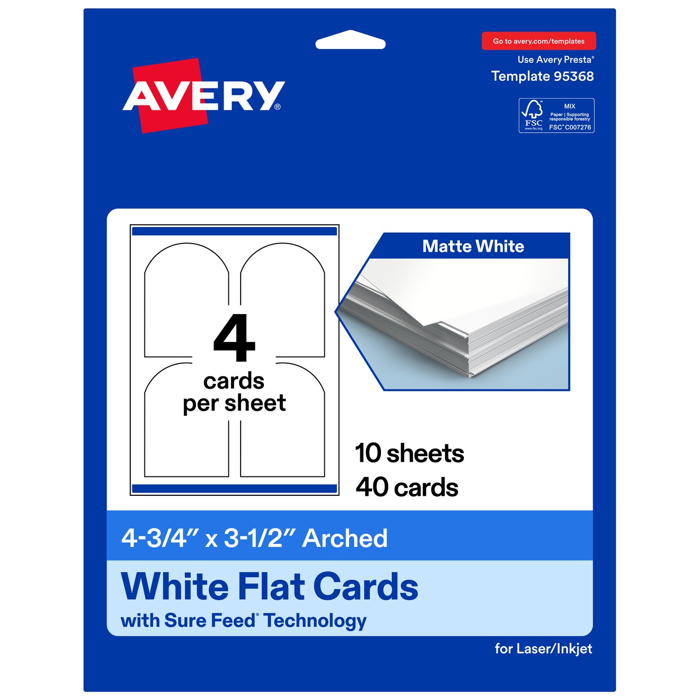 Avery Printable Arched Flat Cards, Sure Feed Technology, 4-3/4" x 3-1/2", Matte White Cardstock, Print-to-The-Edge, Laser/Inkjet Printable, 40 Total
