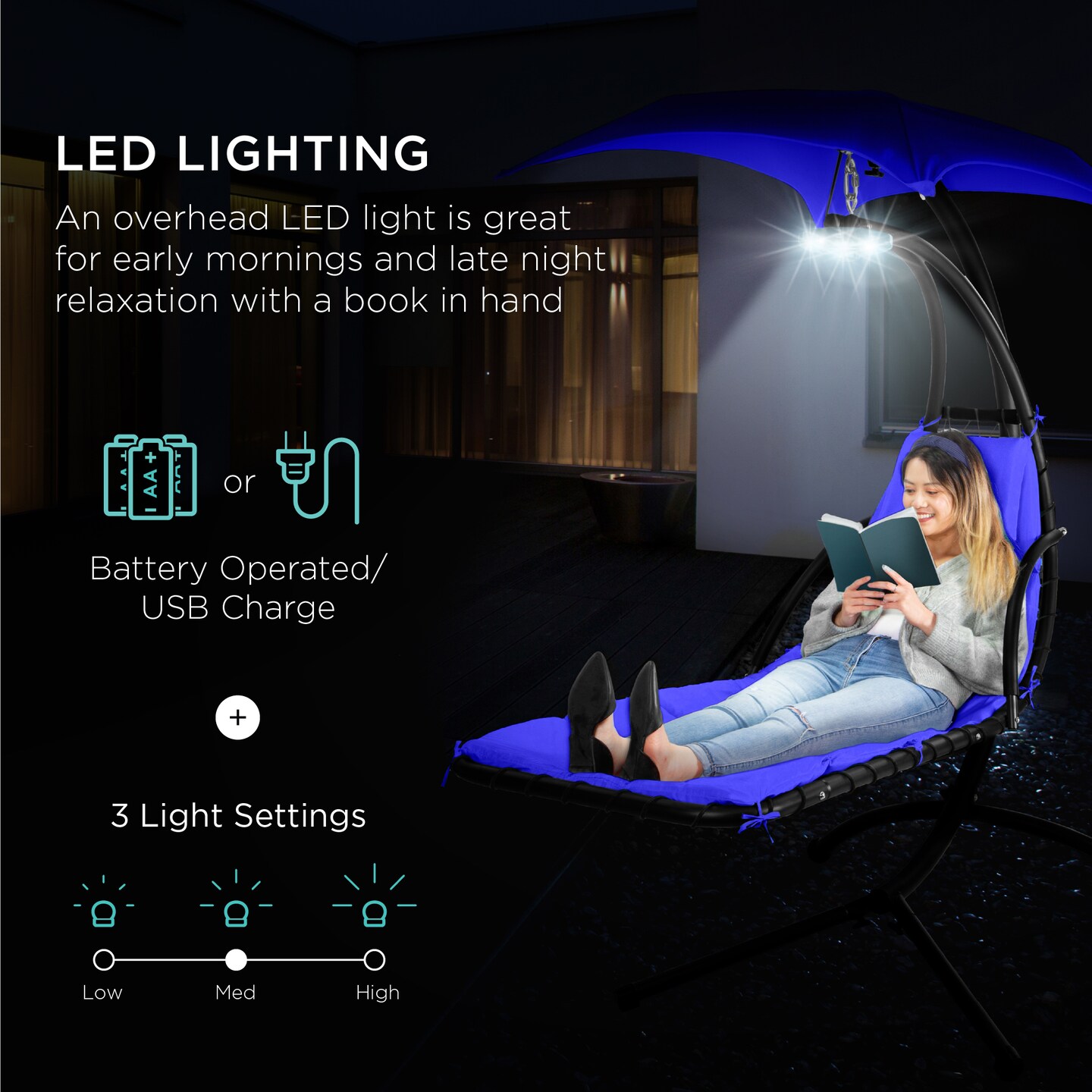 Best Choice Products Hanging LED-Lit Curved Chaise Lounge Chair for Backyard, Patio w/ Pillow, Canopy, Stand