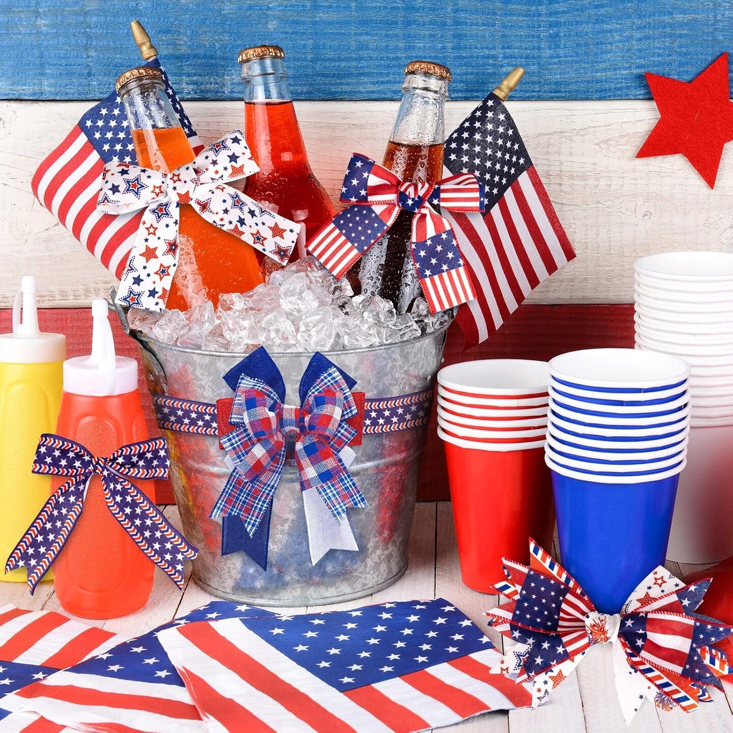 8 Rolls Patriotic Wired Edge Ribbon Set – 2.5" x 26 Yards Total, USA Flag Star Stripe & Burlap Fabric Ribbon for 4th of July, Wreaths, Gift Wrapping & DIY Crafts