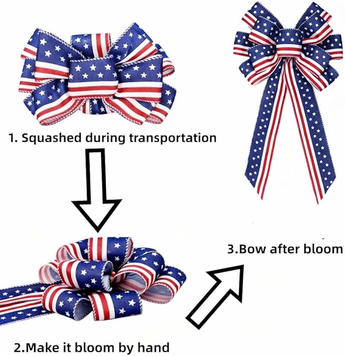 4th of July Patriotic Wreath Bow, Large Red White Blue Stars & Stripes Ribbon for Front Door, Memorial Day, Veterans Day & 250th Anniversary Outdoor Decorations