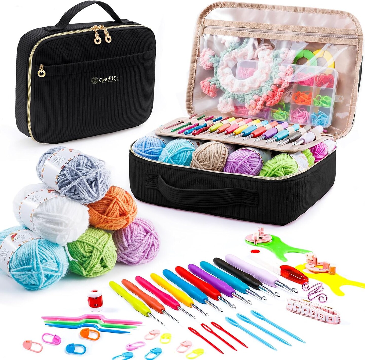 Beginner Crochet Kit with Yarn Storage Bag – 58-Piece Starter Set with 10 Ergonomic Hooks (2.0–6.0 mm) & 10 Skeins Acrylic Yarn, Knitting & Crochet Accessories for Adults