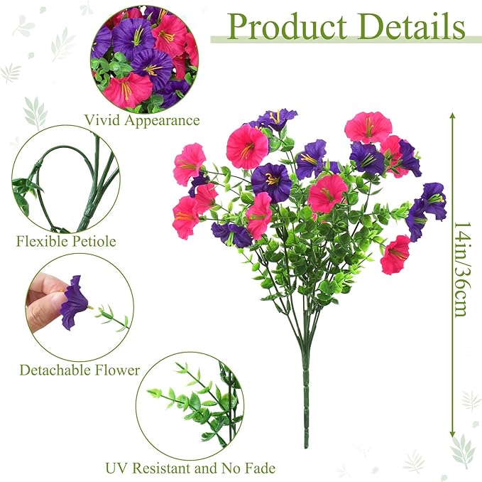 Artificial Purple Petunias Flowers for Outdoors Decoration 9 Bundles Faux Colorful Silk Morning Glory Eucalyptus Plants UV Resistant Fake Greenery Plants for Outside Garden Porch Decor