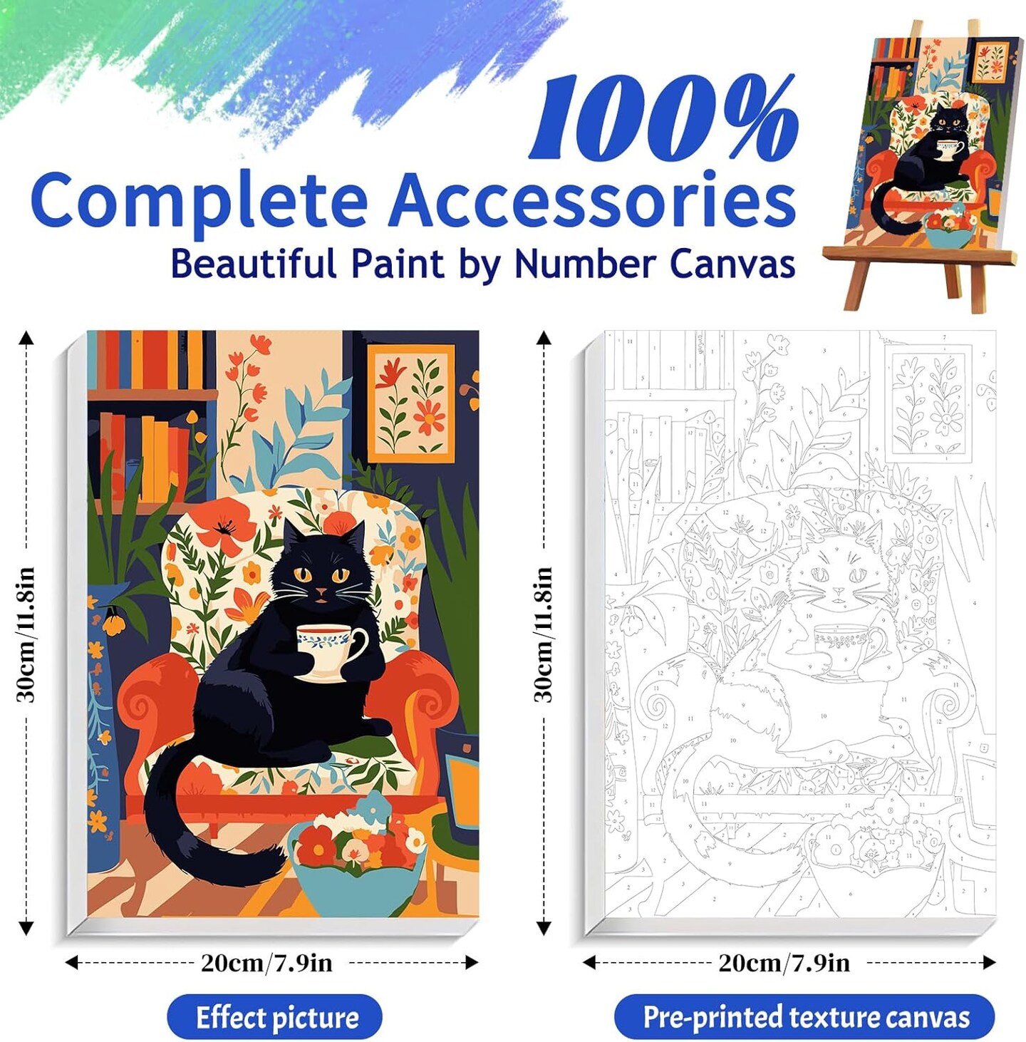 Paint By Number Framed Black Cat Kit for Adults – Small DIY Acrylic Painting Canvas Set, Coffee Kitty Wall Art Decor, 8x12 Inch