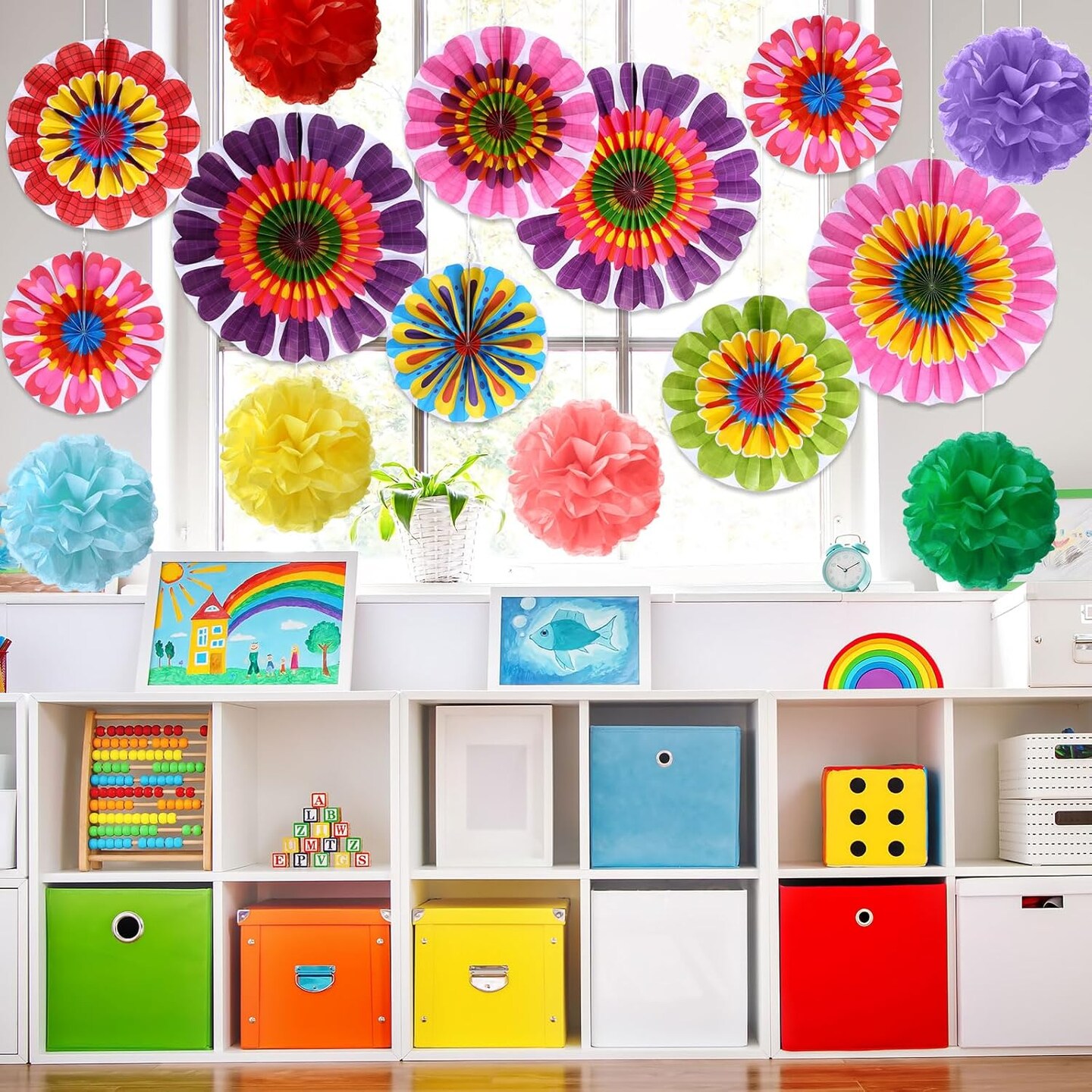 21-Piece Spring Flower Hanging Paper Fans Set | Tissue Pom Poms & Floral Ceiling Decor for Classroom, Wedding, Birthday & Springtime Summer Party Supplies