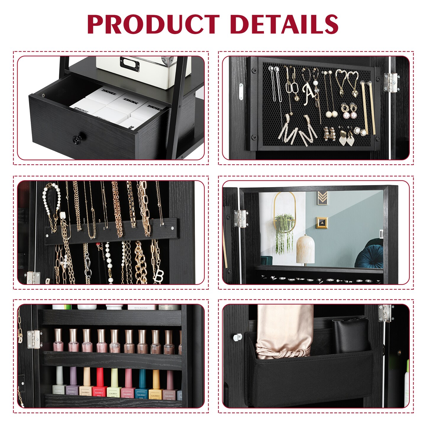 Dark Black Freestanding Lockable Jewelry Mirror Cabinet, Rolling Full Body Vanity Mirror Makeup Organizer Armoire