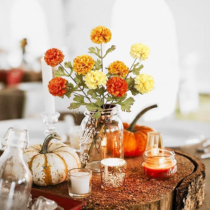 3 Pcs Artificial Marigold Flowers Artificial Chrysanthemums Ball Flower Orange Silk Mums Flowers Spring Branches for Home Decor Floral Arrangement Table Centerpiece