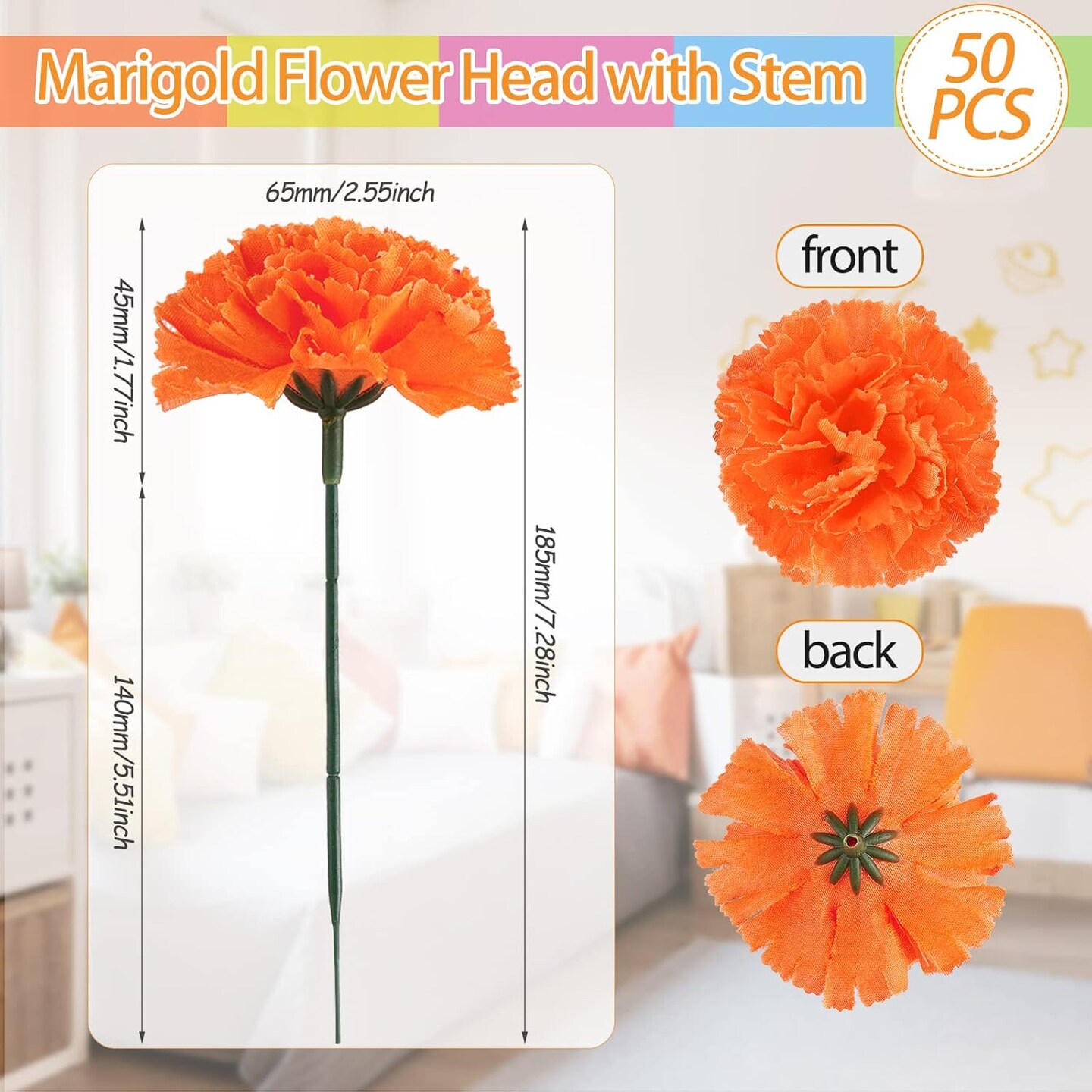 50PCS Artificial Mexican Marigold Flowers with Stems – Silk Fiesta Floral Decorations for Cinco de Mayo Backdrop, Garland, Wedding, Home & Party DIY Decor Supplies