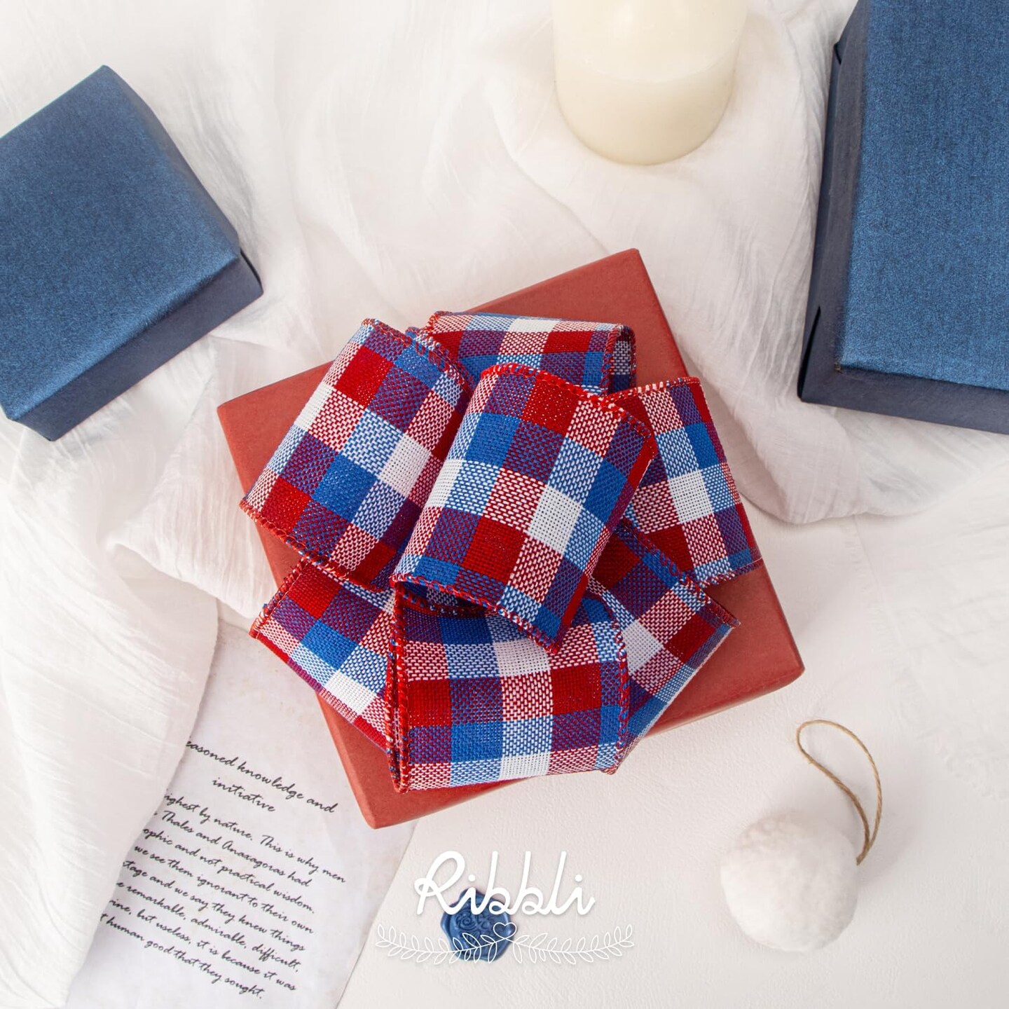 Patriotic Red, White & Blue Check Wired Ribbon – 2.5" x 10 Yards Buffalo Plaid Burlap Ribbon for 4th of July, Big Bows, Wreaths, Tree & Outdoor Decorations