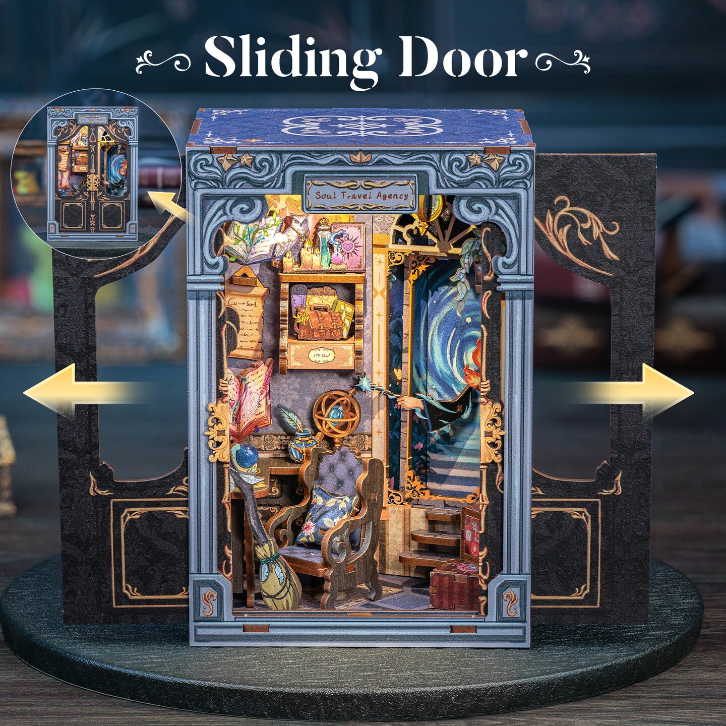 CUTEBEE Book Nook Kit Soul Travel Agency DIY Miniature House Shelf Insert Decor Diorama Kit