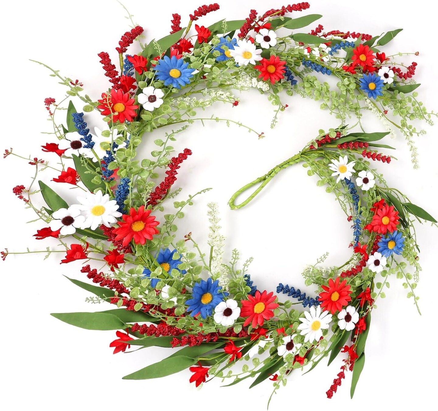 6.56 Ft Patriotic Daisy Garland - Red, White, and Blue Floral Vine - Artificial Wildflower Garland for 4th of July Arches, Stairs, and Porch Decor - Americana Home Decor