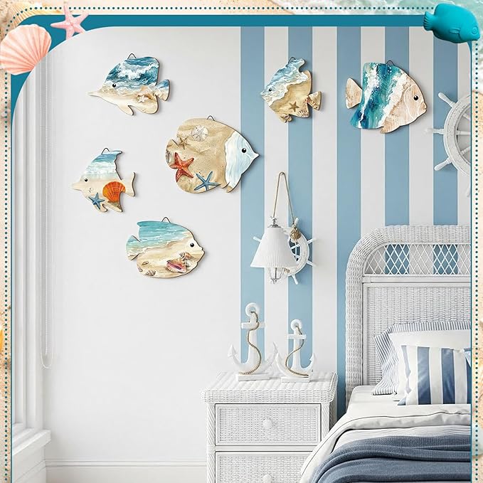 6 Pcs Wooden Fish Wall Decor Fish Wall Art Beach Theme Art Decorations Vintage Coastal Ornaments with Hook for Summer Pool Home Lake House Bathroom Garden Indoor Outdoor