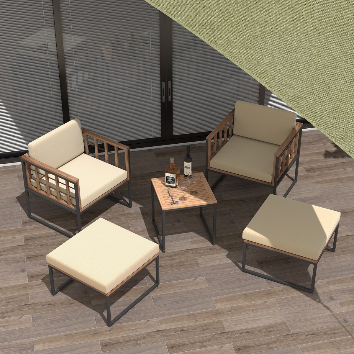 Wood and Metal Patio Seating Set with Multi functional Ottomans outdoor