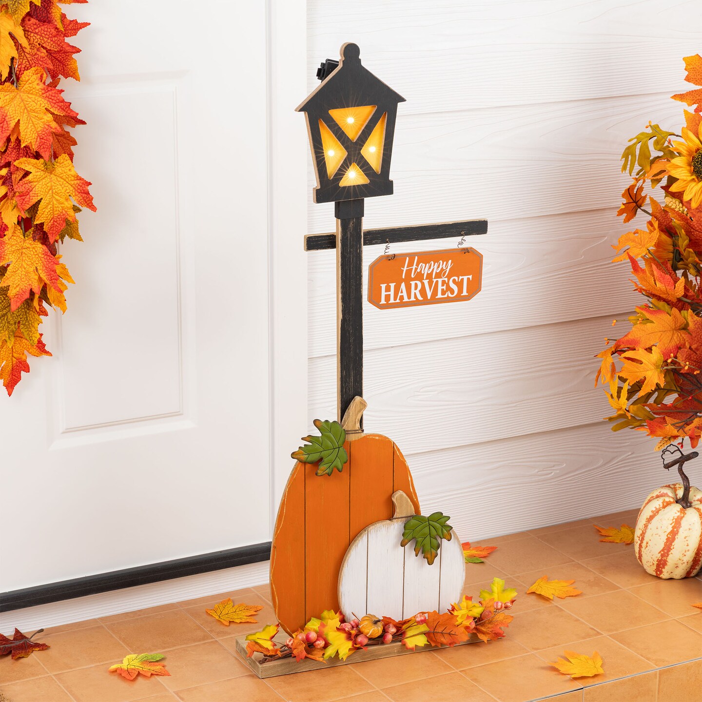 Set of 2 36"H Fall Lighted Wooden Pumpkin Lamp Post Porch Decor w/Timer(KD)