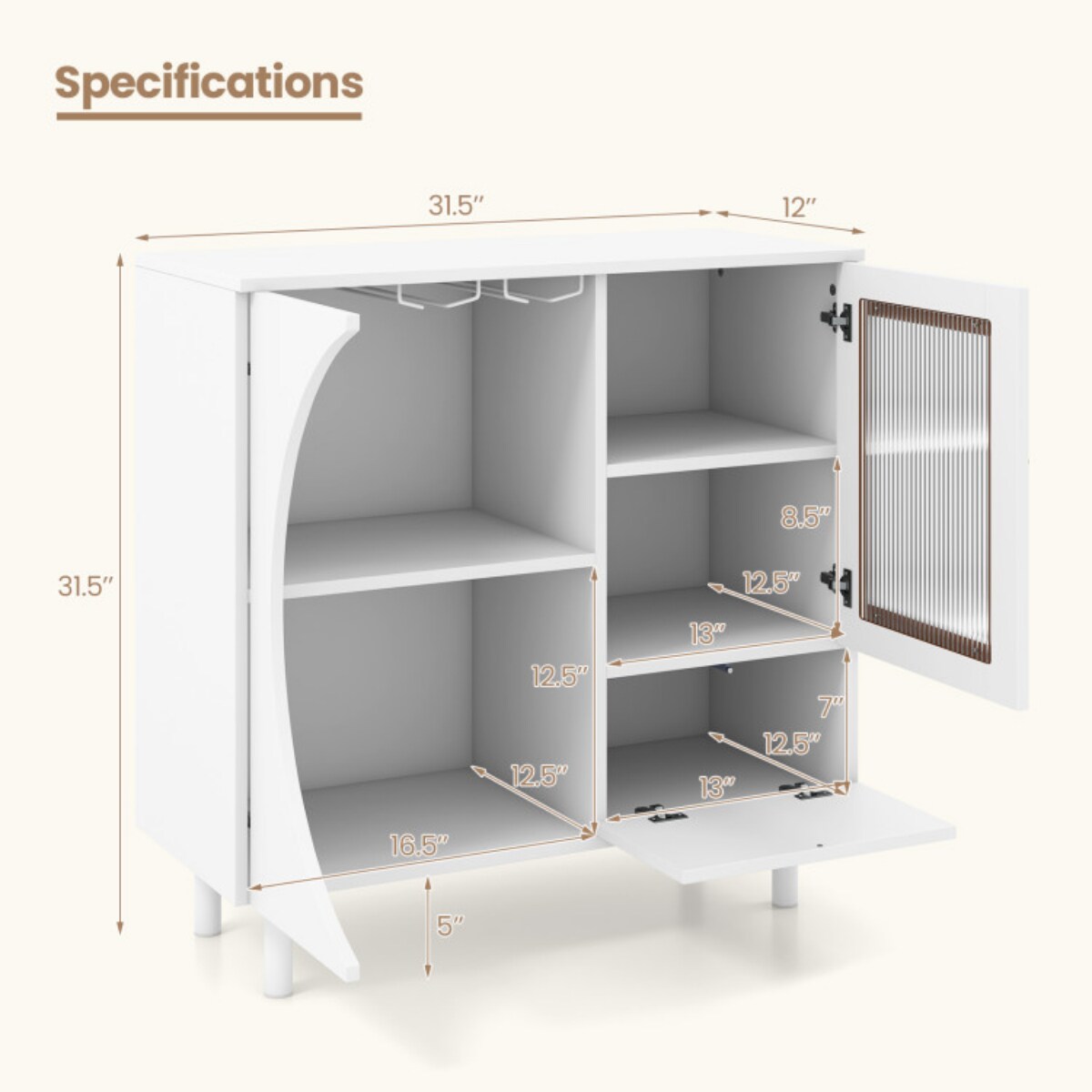 White Sideboard Cabinet with Tempered Glass Door Wine Rack Drawer Storage Unit