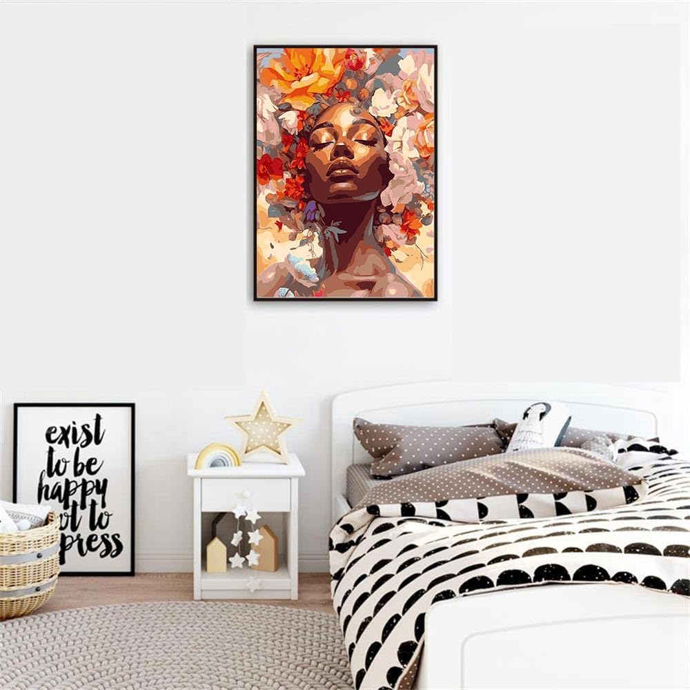 Paint By Numbers African Woman Kit for Adults Beginners – 16x20 Inch DIY Canvas Painting Set, Floral Girl Acrylic Paint by Numbers Kit for Home Wall Decor & Gift (Without Frame)