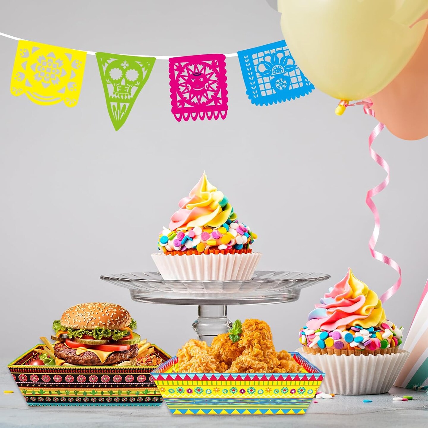60 Pcs Fiesta Mexican Nacho Trays – Disposable Paper Snack Containers with Colorful Striped Design – Mexican Party Food Holders for Cinco de Mayo, Fiesta, Birthday & Carnival Celebrations – Perfect for Mother's Day Card Making Displays