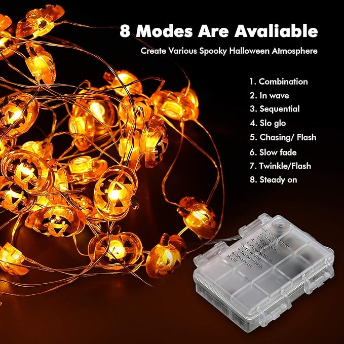 Pumpkin Halloween String Lights - 40 LED, 13.12ft, 8 Modes with Remote & Timer, Flexible Copper Wire Jack-O-Lantern Lights for Warm White Halloween Party Decorations