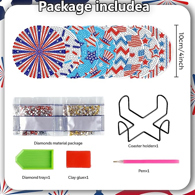 8 Pieces Patriotic Diamond Coasters with Holder DIY Cute 4th of July Diamond Art Coasters 5d Independence Day 5d Diamond Coasters for Beginners Adults Art Craft Supplies Gift