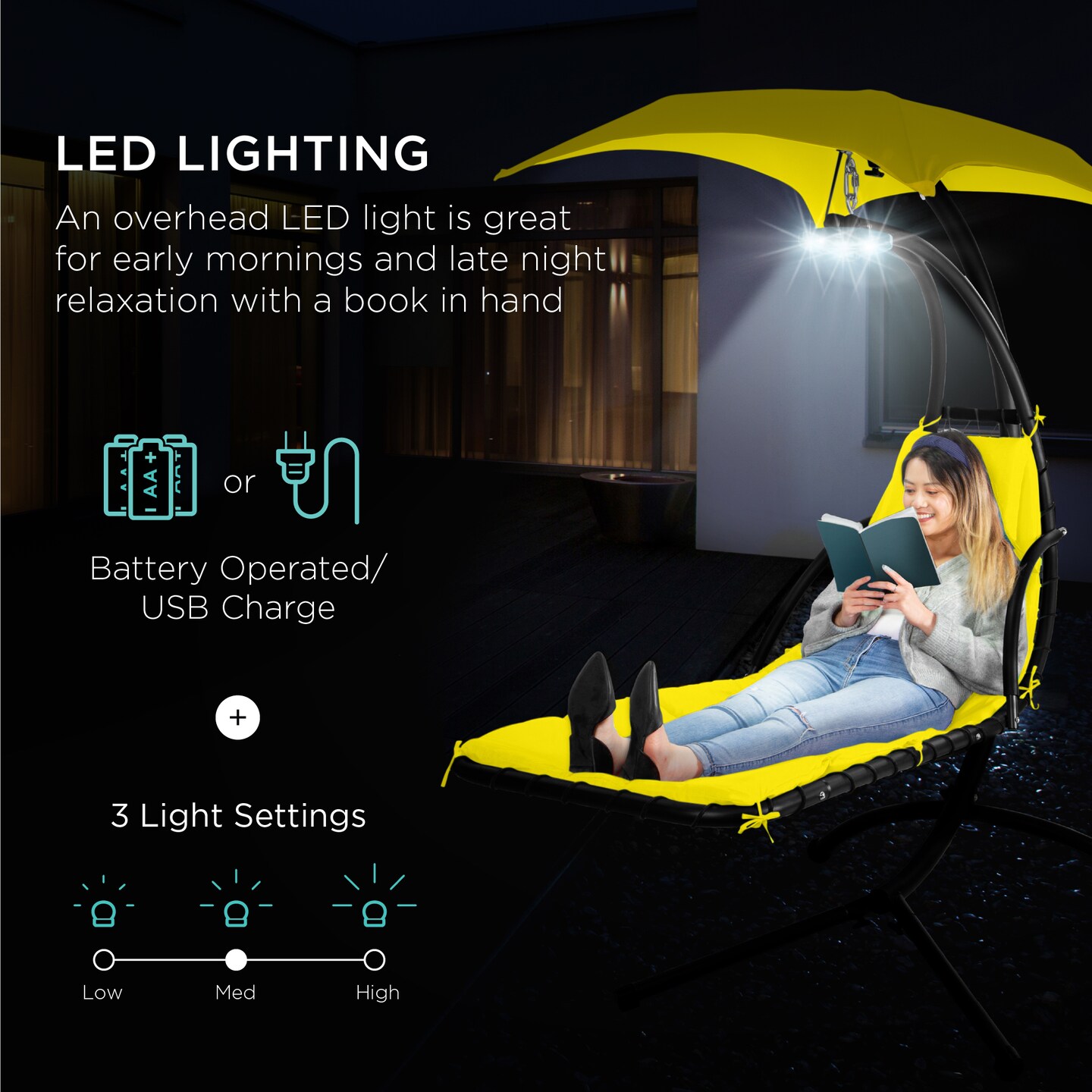 Best Choice Products Hanging LED-Lit Curved Chaise Lounge Chair for Backyard, Patio w/ Pillow, Canopy, Stand