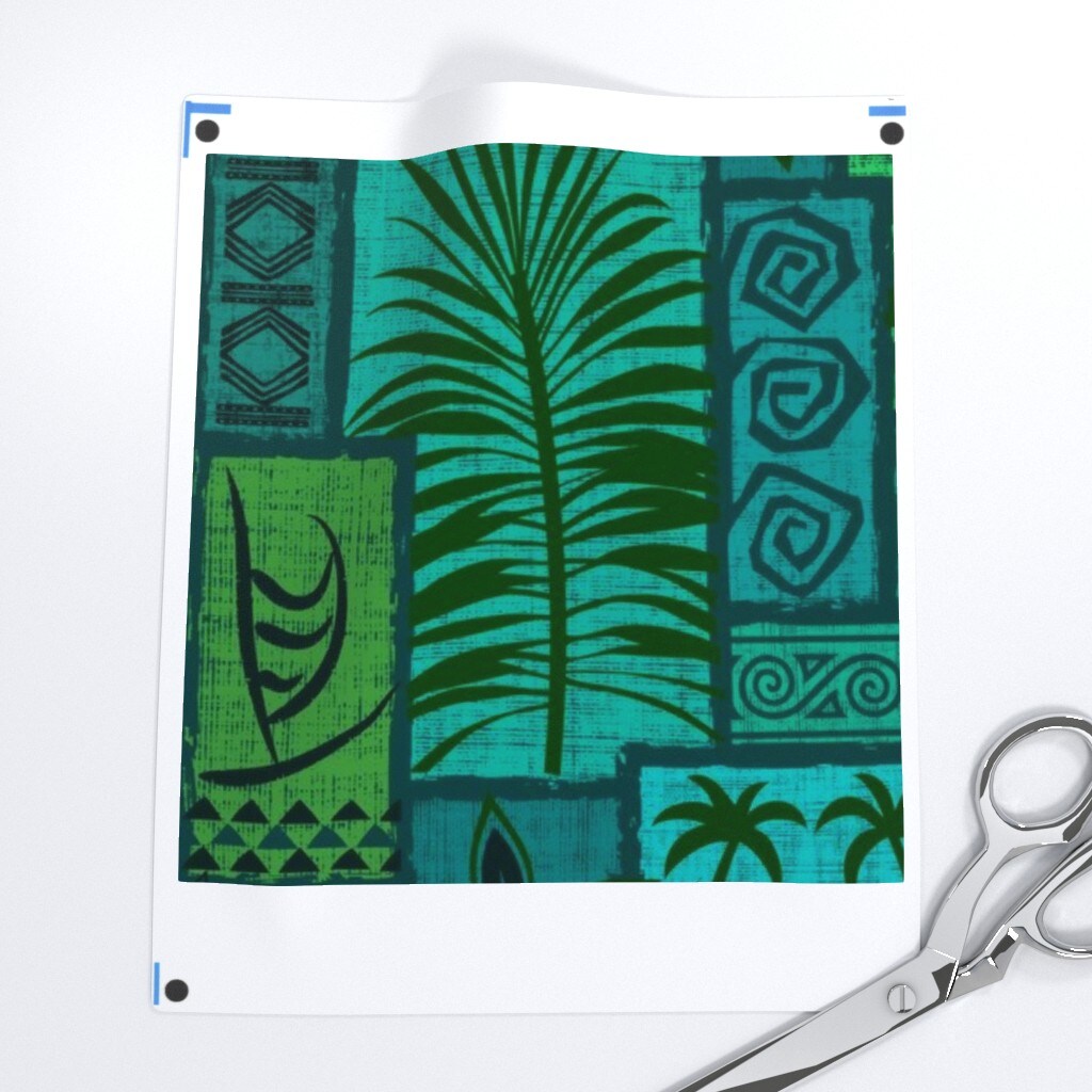 Hawaiian, Moku Malihini, Blue, Green, Turtle, Tiki, Tropical, Polynesian, Island, Mid Century, Vintage, Retro Custom Printed Fabric by Spoonflower Various Fabrics by the Yard or Fat Quarter