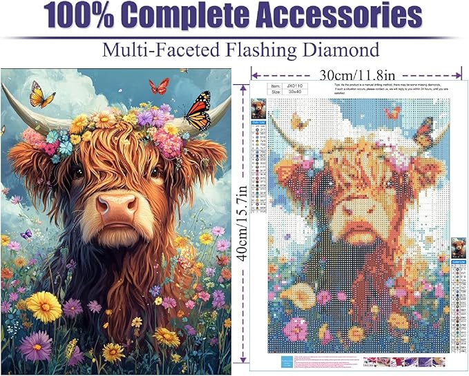 Highland Cow Diamond Painting Kit for Adults - 5D Full Drill Diamond Art for Beginners - 12x16 Inch Rustic Animal Gem Art Set - DIY Crystal Embroidery & Diamond Dots for Home Wall Decor