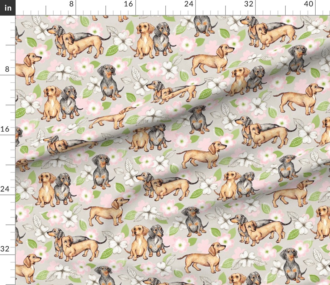 Dachshunds Dogwood Blossoms Pink Large Dachshund Dogs Cute Gray Year Puppy Custom Printed Fabric by Spoonflower Various Fabrics by the Yard or Fat Quarter