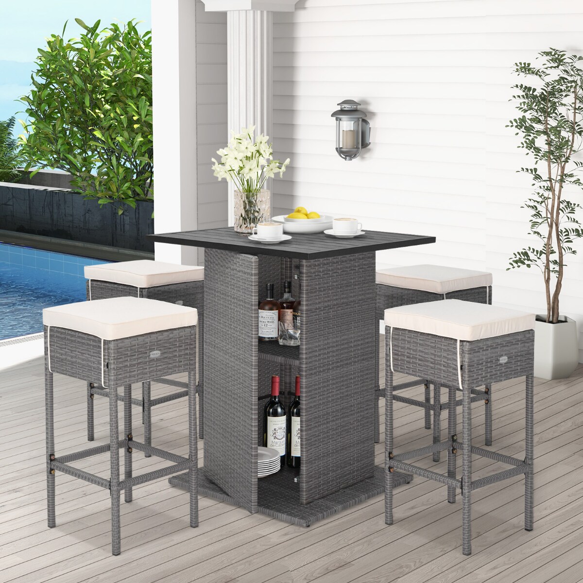 Square Outdoor Bar Table with 4 Stools for Backyard and Poolside