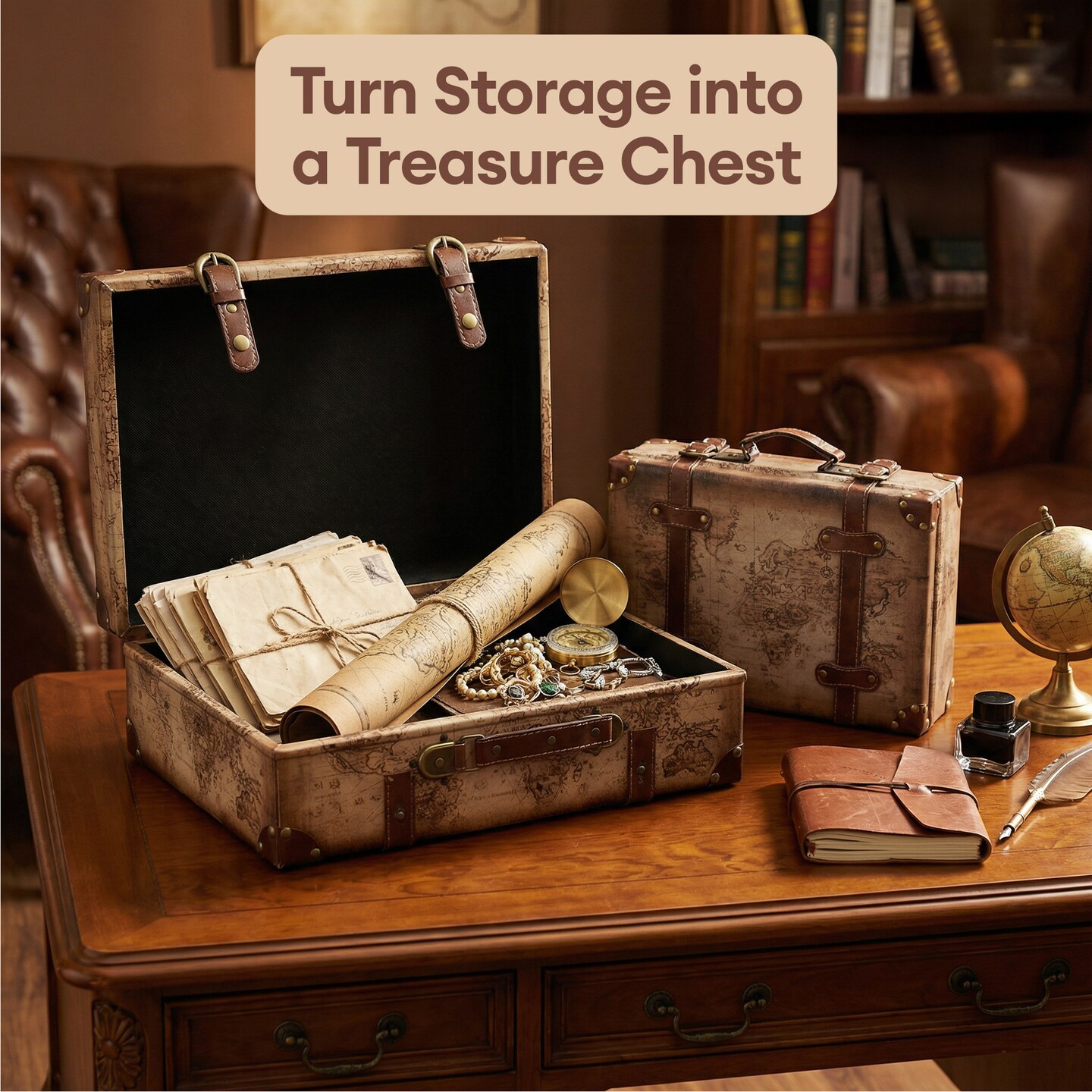 Old World Map Leather Vintage Style Suitcase with Straps, Set of 2