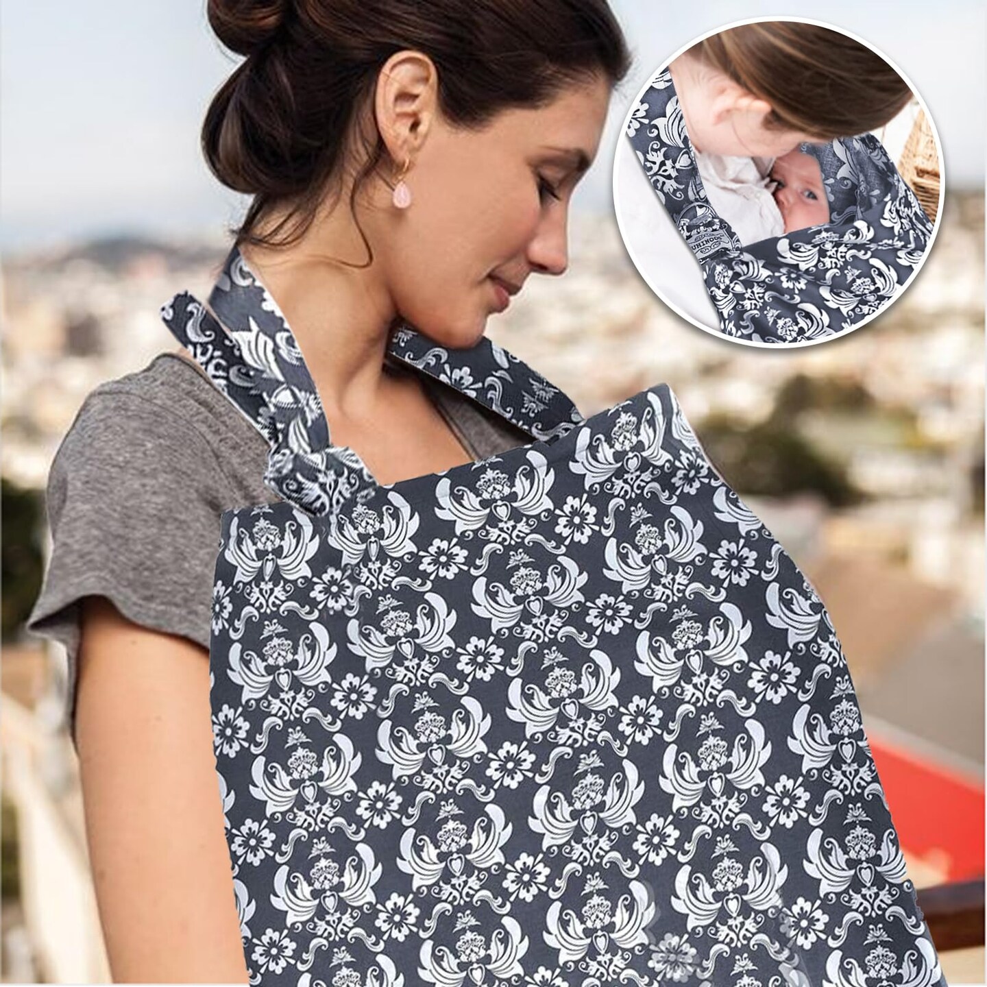 Nursing Cover for Mom Breastfeeding, Baby Privacy Nursing Covers Up Breathable Cotton with Ajustable Hoop for Mother (Grey)