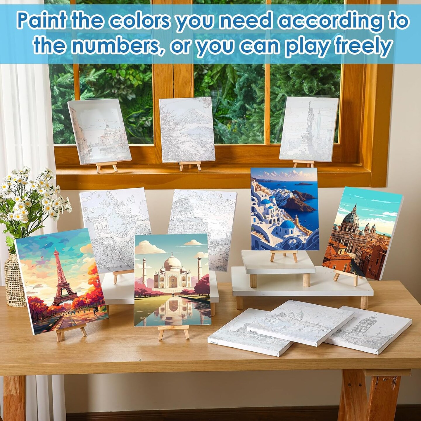 Paint By Number 12-Pack Cityscape Kit for Adults Beginners – DIY Acrylic Oil Painting Set with Wooden Frame Easel for Home Wall Decor, 8x10 Inch