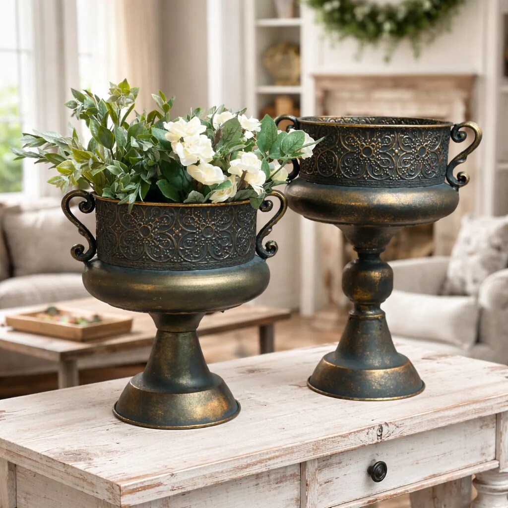 Vintage Ornate Metal Urn Vase Bronze Finish Pedestal Centerpiece