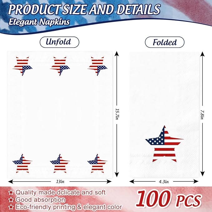 100 Pcs Patriotic Guest Napkin 4th of July American Flag Star Disposable Napkin Independence Day Dinner Hand Towel for Bathroom Table Decor Party Supplies