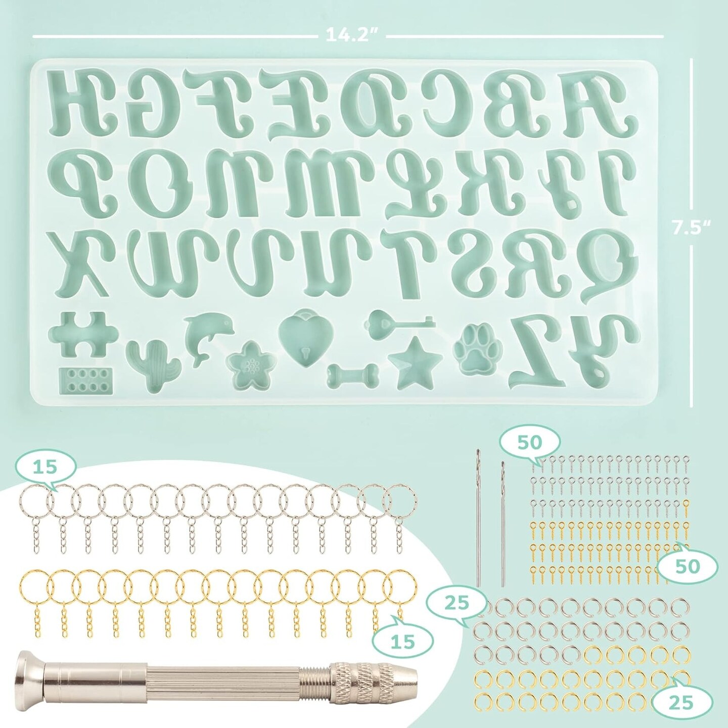 182 Pcs Fancy Alphabet Resin Mold Kit Silicone Letter Keychain Molds with Drill Key Rings and Screw Pins