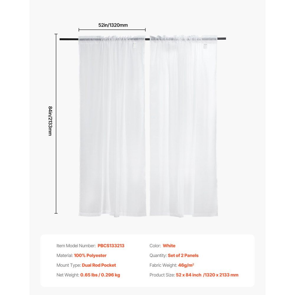 White Sheer Curtains Set of 2 Panels Rod Pocket Lightweight Window Drapes