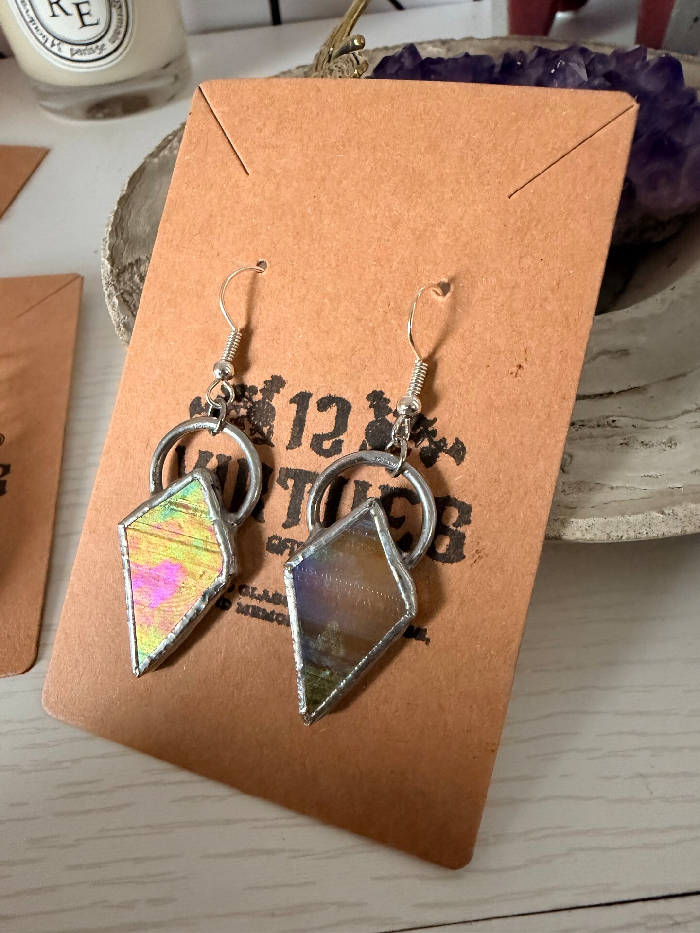 Geometric Stained Glass Earrings – Green Shard Dangle Earrings