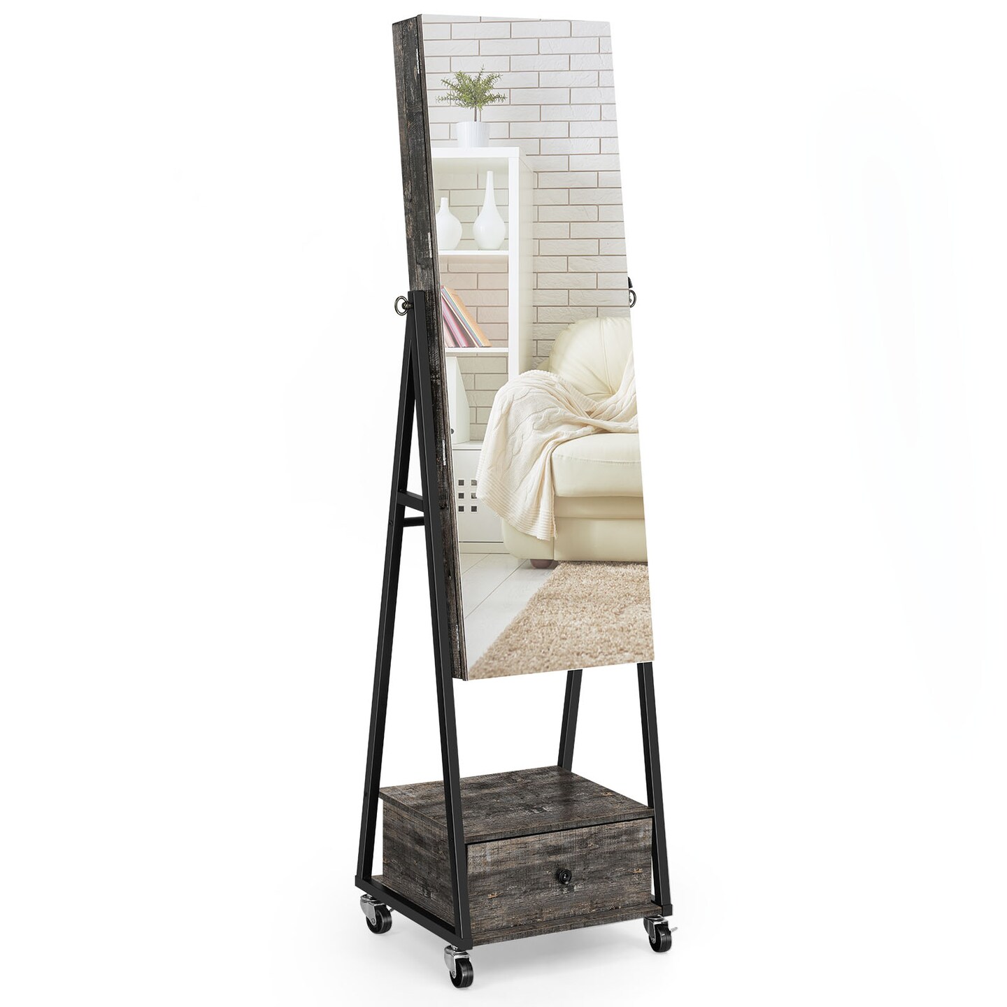 Rustic Lockable Full Length Mirror Jewelry Armoire, Rolling Freestanding Makeup Jewelry Storage Cabinet with Large Drawer
