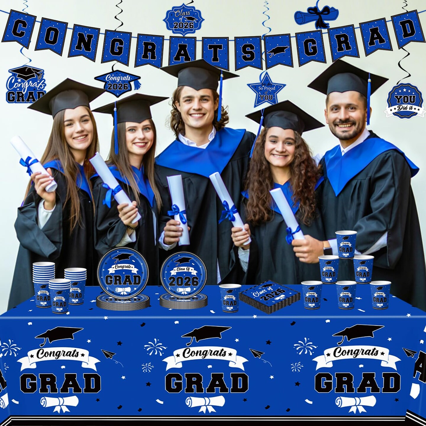 2026 Graduation Decorations for Party, Blue Plates Napkins Cups Tablecloth with Congrats Grad Hanging Decor for 25 Guests, Congratulations Disposable Party Supplies Favors for College & Middle School