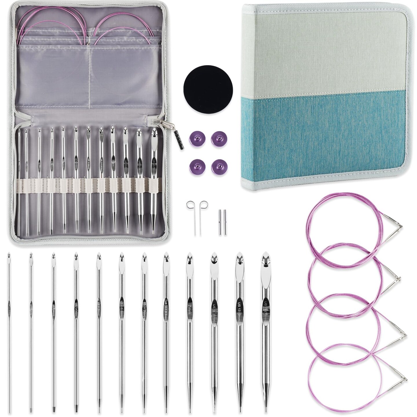 Tunisian Crochet Hooks Set with Cable, Afghan Crochet Hooks Interchangeable, Size from 3mm-10mm Aluminium Crochet Knitting Needles for Crocheting