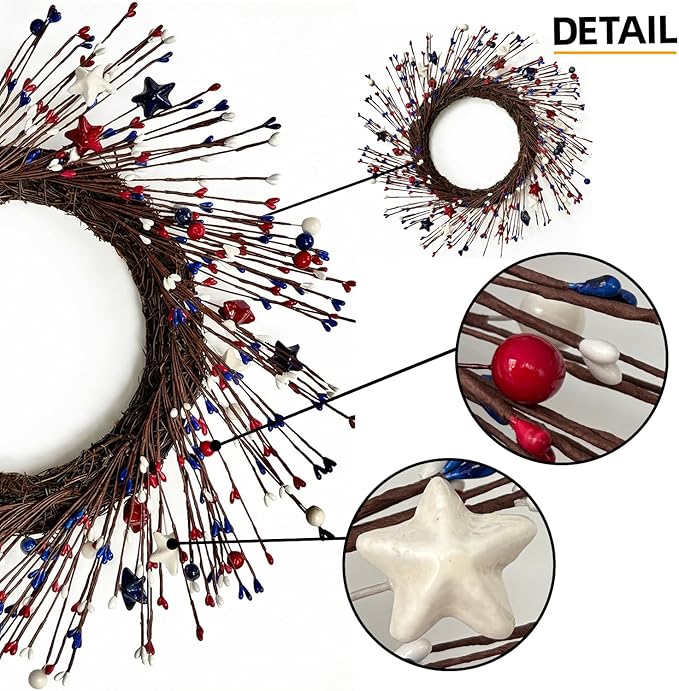 16 Inch 4th of July Patriotic Wreath, Red White Blue Stars & Sprouts Front Door Wreath for Independence Day, Memorial Day, Veterans Day, Flag Day & Summer Decorations