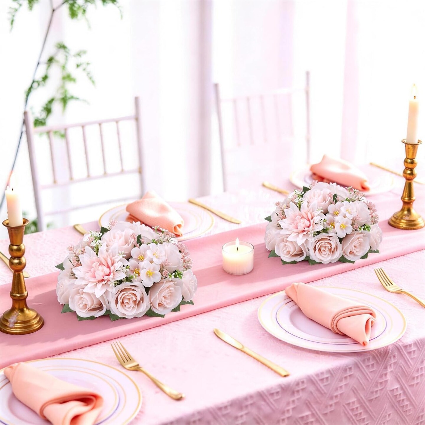 10PCS Pink Flower Balls – 9.5in Silk Rose & Dahlia Kissing Balls for Wedding Centerpieces, Table Decor, Party & Home Celebration Floral Arrangements