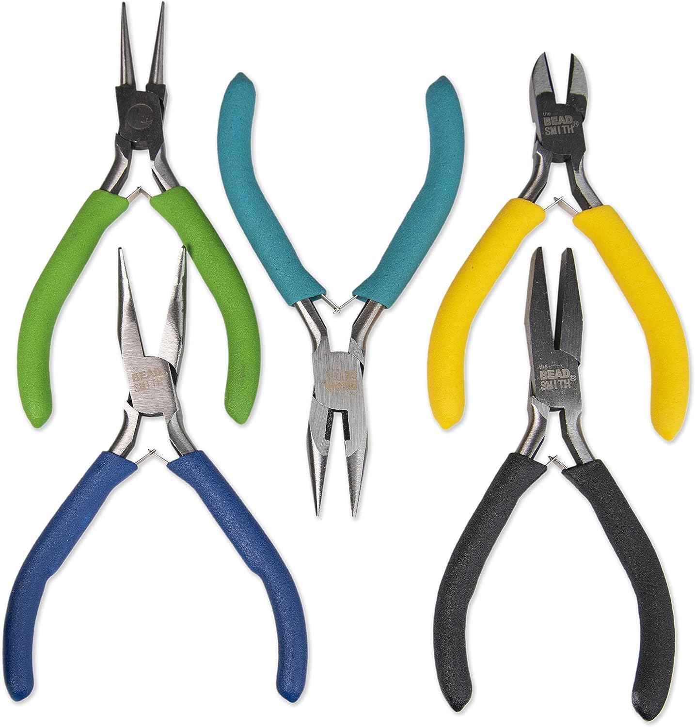 The Beadsmith Color-ID Pliers &#x2013; Color Coded Set &#x2013; 5 Inches, 5 Piece Kit: Chain Nose, Round Nose, Flat Nose, Bent Chain Nose &#x26; Side Cutter &#x2013; Tools for Jewelry Making